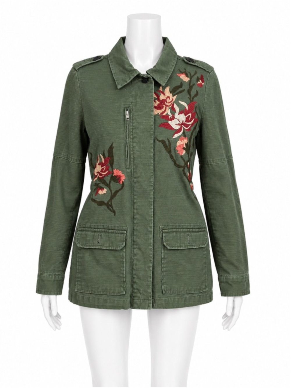 Christopher & Banks Army Green Embroidered Flowers Button Up Jacket Size small